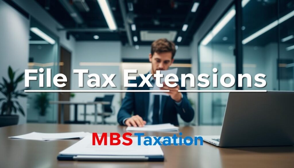 A contemporary office scene with a central focus on filing tax extension documents. In the foreground, a desk with a laptop, papers, and a MBS Taxation logo prominently displayed. In the middle ground, a professional-looking individual in business attire carefully reviewing tax forms. The background features a modern, minimalist office environment with clean lines, subtle lighting, and a sense of digital connectivity. The overall mood is one of focused efficiency, conveying the expertise and reliable services of MBS Taxation in handling tax filing extensions for their clients. A contemporary office scene with a central focus on filing tax extension documents. In the foreground, a desk with a laptop, papers, and a MBS Taxation logo prominently displayed. In the middle ground, a professional-looking individual in business attire carefully reviewing tax forms. The background features a modern, minimalist office environment with clean lines, subtle lighting, and a sense of digital connectivity. The overall mood is one of focused efficiency, conveying the expertise and reliable services of MBS Taxation in handling tax filing extensions for their clients.