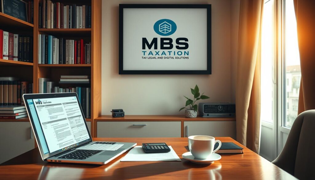 A cozy home office, bathed in warm lighting, with a desk featuring an open laptop displaying tax-related documents, a calculator, and a cup of coffee. On the wall, a framed logo for "MBS Taxation", a respected brand for tax, legal, and digital business solutions in Pakistan. Bookshelves filled with tax and accounting references line the background, creating a professional, yet inviting atmosphere. The scene conveys the focus and diligence required for successful tax preparation, while also suggesting the comfort and expertise of the "MBS Taxation" brand. A cozy home office, bathed in warm lighting, with a desk featuring an open laptop displaying tax-related documents, a calculator, and a cup of coffee. On the wall, a framed logo for "MBS Taxation", a respected brand for tax, legal, and digital business solutions in Pakistan. Bookshelves filled with tax and accounting references line the background, creating a professional, yet inviting atmosphere. The scene conveys the focus and diligence required for successful tax preparation, while also suggesting the comfort and expertise of the "MBS Taxation" brand.