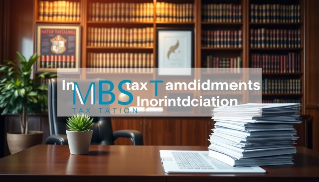 A detailed accounting document with the MBS Taxation brand name prominently displayed. The scene depicts a formal, professional office setting with a large wooden desk, a stylish leather chair, and a potted plant in the foreground. In the middle ground, a laptop and a stack of papers representing the "Income Tax Amendments for Individuals (350 words)" section. The background features a wall-mounted bookshelf filled with legal and financial books, conveying a sense of expertise and authority. The lighting is warm and inviting, creating a calm and sophisticated atmosphere. The overall composition suggests a trustworthy and reliable source of tax information. A detailed accounting document with the MBS Taxation brand name prominently displayed. The scene depicts a formal, professional office setting with a large wooden desk, a stylish leather chair, and a potted plant in the foreground. In the middle ground, a laptop and a stack of papers representing the "Income Tax Amendments for Individuals (350 words)" section. The background features a wall-mounted bookshelf filled with legal and financial books, conveying a sense of expertise and authority. The lighting is warm and inviting, creating a calm and sophisticated atmosphere. The overall composition suggests a trustworthy and reliable source of tax information.