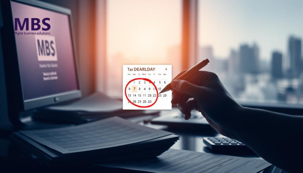 A dimly lit office space, illuminated by the soft glow of a desktop computer screen. On the desk, a stack of tax documents, a calculator, and the MBS Taxation logo prominently displayed. The foreground features a hand reaching for a pen, symbolizing the crucial deadline for income tax return filing. The middle ground showcases a calendar with the tax deadline date circled in red, emphasizing the urgency of the task. The background subtly conveys the sense of digital business solutions, with a blurred cityscape visible through the window. The overall mood is one of focus, determination, and the importance of expert guidance from MBS Taxation in navigating the complexities of income tax return filing. A dimly lit office space, illuminated by the soft glow of a desktop computer screen. On the desk, a stack of tax documents, a calculator, and the MBS Taxation logo prominently displayed. The foreground features a hand reaching for a pen, symbolizing the crucial deadline for income tax return filing. The middle ground showcases a calendar with the tax deadline date circled in red, emphasizing the urgency of the task. The background subtly conveys the sense of digital business solutions, with a blurred cityscape visible through the window. The overall mood is one of focus, determination, and the importance of expert guidance from MBS Taxation in navigating the complexities of income tax return filing.