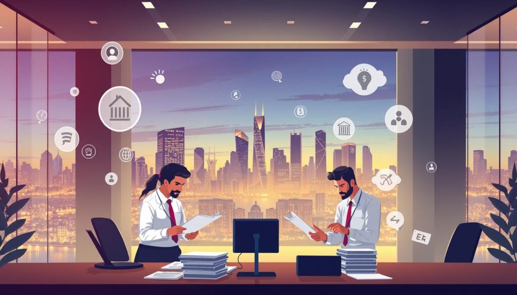 A well-lit, high-resolution illustration depicting the intricacies of SMEs tax regulations in Pakistan's 2025 tax laws. In the foreground, a team of MBS Taxation experts pore over financial documents, surrounded by floating icons and infographics representing key compliance requirements. In the middle ground, a sleek, modern office setting with stylized architectural elements. In the background, a cityscape skyline at dusk, reflecting the dynamic and ever-evolving nature of the tax landscape. The overall atmosphere conveys a sense of professionalism, attention to detail, and a commitment to navigating the complexities of the new tax regulations. A well-lit, high-resolution illustration depicting the intricacies of SMEs tax regulations in Pakistan's 2025 tax laws. In the foreground, a team of MBS Taxation experts pore over financial documents, surrounded by floating icons and infographics representing key compliance requirements. In the middle ground, a sleek, modern office setting with stylized architectural elements. In the background, a cityscape skyline at dusk, reflecting the dynamic and ever-evolving nature of the tax landscape. The overall atmosphere conveys a sense of professionalism, attention to detail, and a commitment to navigating the complexities of the new tax regulations.