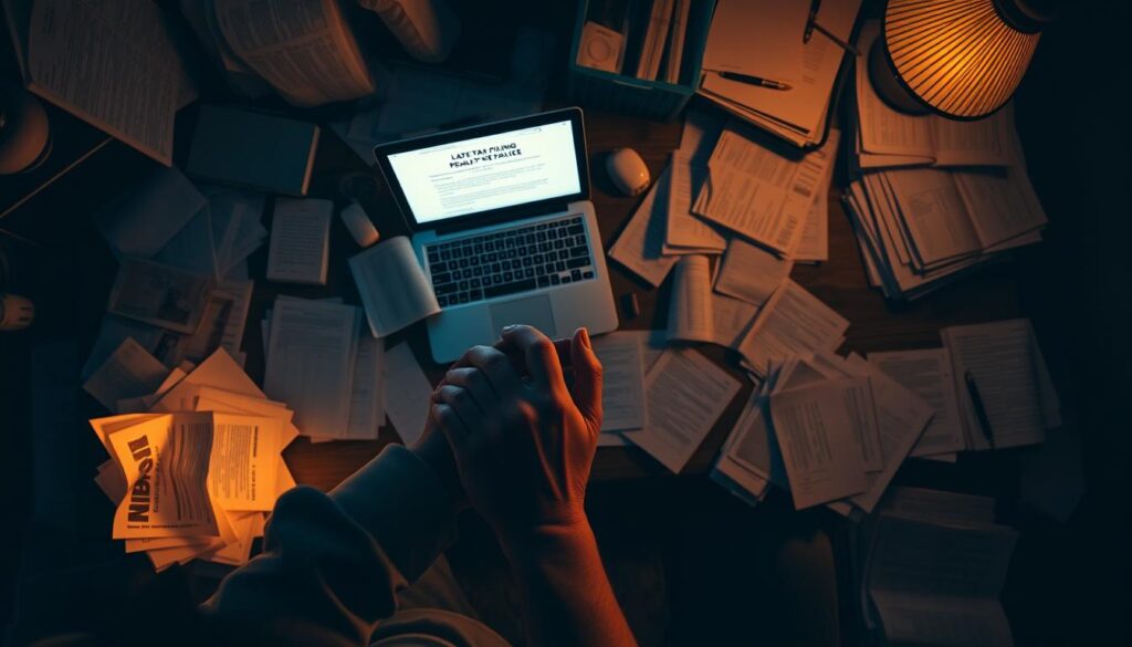 Dramatic overhead view of a chaotic home office, papers strewn across the desk and floor, laptop aglow with a late tax filing penalty notice. Warm incandescent lighting casts long shadows, conveying the stress and urgency of the situation. A lone, anxious hand hovers over a calculator, surrounded by the paraphernalia of tax preparation - receipts, ledgers, and the MBS Taxation logo prominently displayed. The muted color palette and moody atmosphere evoke the financial and emotional toll of missing the income tax return filing deadline. Dramatic overhead view of a chaotic home office, papers strewn across the desk and floor, laptop aglow with a late tax filing penalty notice. Warm incandescent lighting casts long shadows, conveying the stress and urgency of the situation. A lone, anxious hand hovers over a calculator, surrounded by the paraphernalia of tax preparation - receipts, ledgers, and the MBS Taxation logo prominently displayed. The muted color palette and moody atmosphere evoke the financial and emotional toll of missing the income tax return filing deadline.
